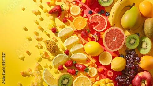 Rainbow of different exotic tropical fruits line yellow. 