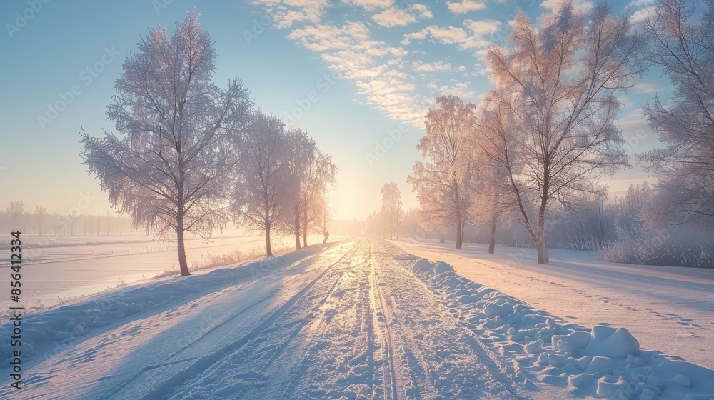 Obraz premium A snowy road with trees in the background. The sun is shining on the road, creating a warm and inviting atmosphere