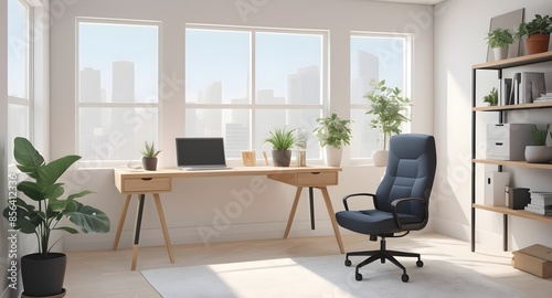 Bright City Home Office with Large Desk and Comfortable Chair