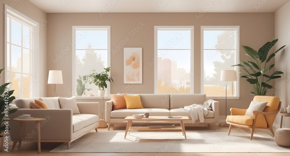 Modern Living Room with Three Windows and Neutral Decor Modern Living Room with Three Windows and Neutral Decor