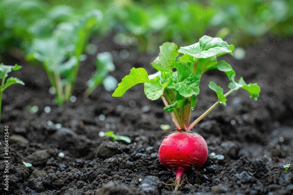 A small red radish is growing in the dirt. The radish is surrounded by other plants and the dirt is dark and muddy A small red radish is growing in the dirt. The radish is surrounded by other plants and the dirt is dark and muddy