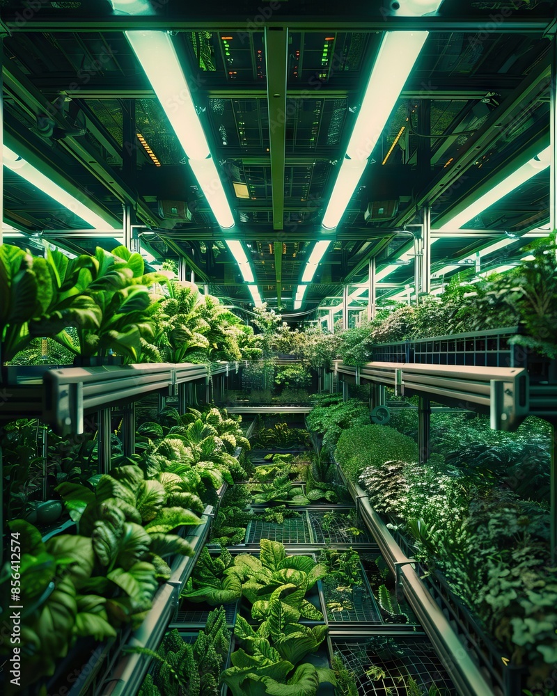 Rows of tomato plants growing inside big industrial greenhouse. Industrial agriculture. AI generated illustration