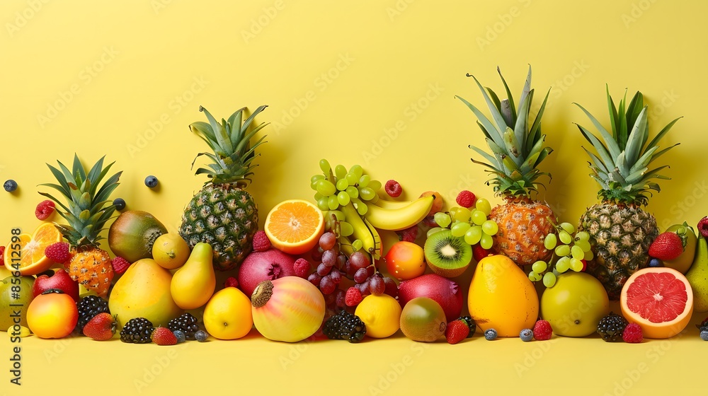 Rainbow of different exotic tropical fruits line yellow. Rainbow of different exotic tropical fruits line yellow.