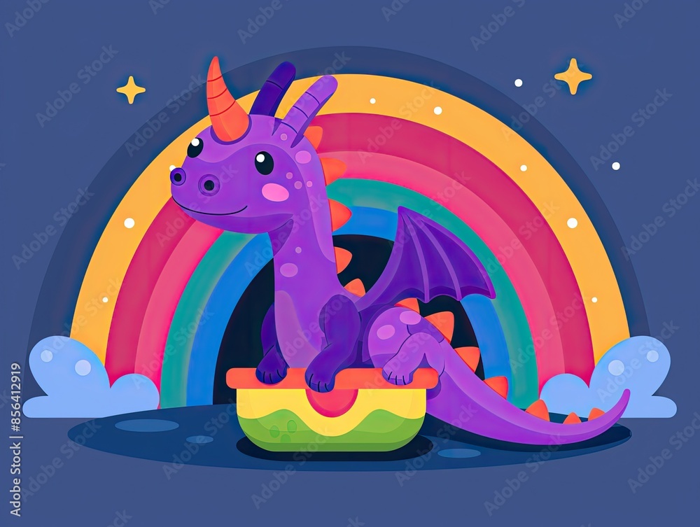 Obraz premium Colorful unicorn dragon sitting on a pot with a rainbow background, illustration in a whimsical and magical style.