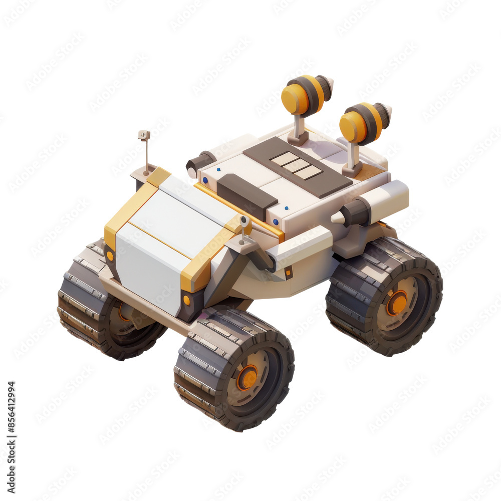 Illustration of a futuristic space rover with a sleek design, equipped with antennae and large tires, set against a white background. Illustration of a futuristic space rover with a sleek design, equipped with antennae and large tires, set against a white background.