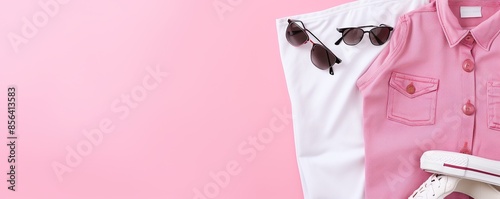 Pink Shirt, White Sneakers and Sunglasses on Pink Background