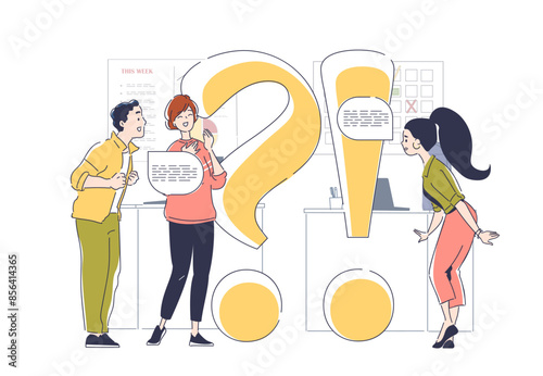 Frequently asked questions concept. Men and woman with questions signs. Guide and instruction for users. Customer support service. Linear flat vector illustration isolated on white background