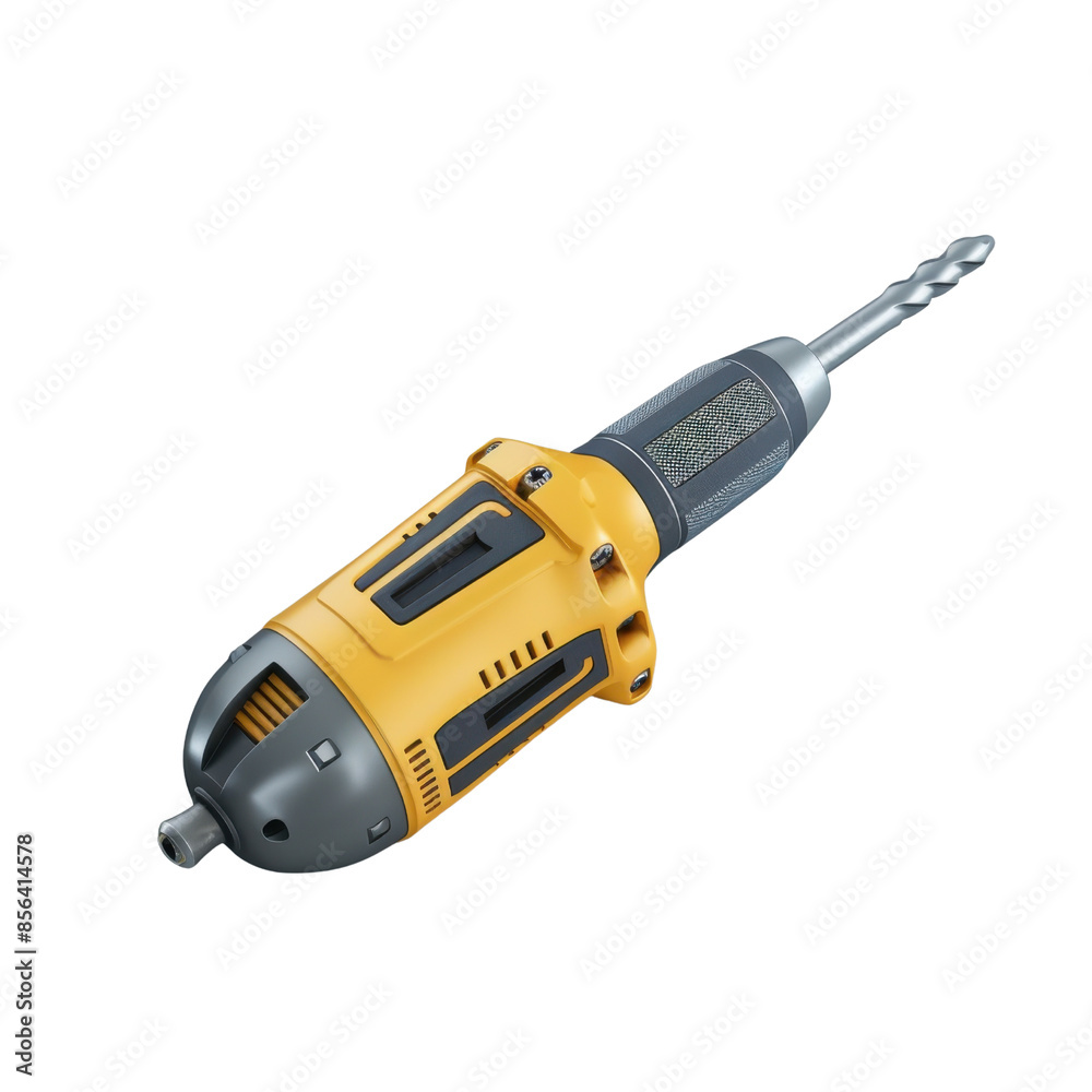 Yellow and gray electric power drill with metal drill bit, ideal for construction and home improvement projects. Yellow and gray electric power drill with metal drill bit, ideal for construction and home improvement projects.