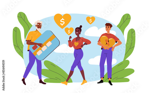 Woman chooses man with money. Girl goes to elderly character with card and money. Millionaire buys hearts, greedy love for cash. Cartoon flat vector illustration isolated on white background