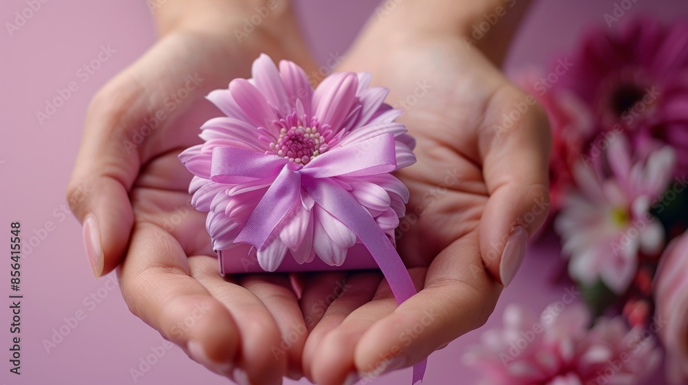 Soft Hands Holding a Pink Flower Decorated Gift Box on Purple Background Soft Hands Holding a Pink Flower Decorated Gift Box on Purple Background