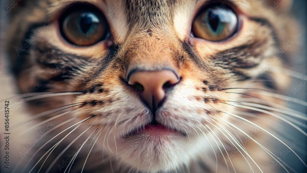 A Close-Up Of A Cat'S Face With Big Eyes, A Pink Nose, And Long Whiskers.