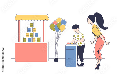Knock down game. Woman with boy play in amusement park. Entertainment and fun. Carnival outdoor game of luck. Knock down tower and get prize. Linear vector illustration isolated on white background