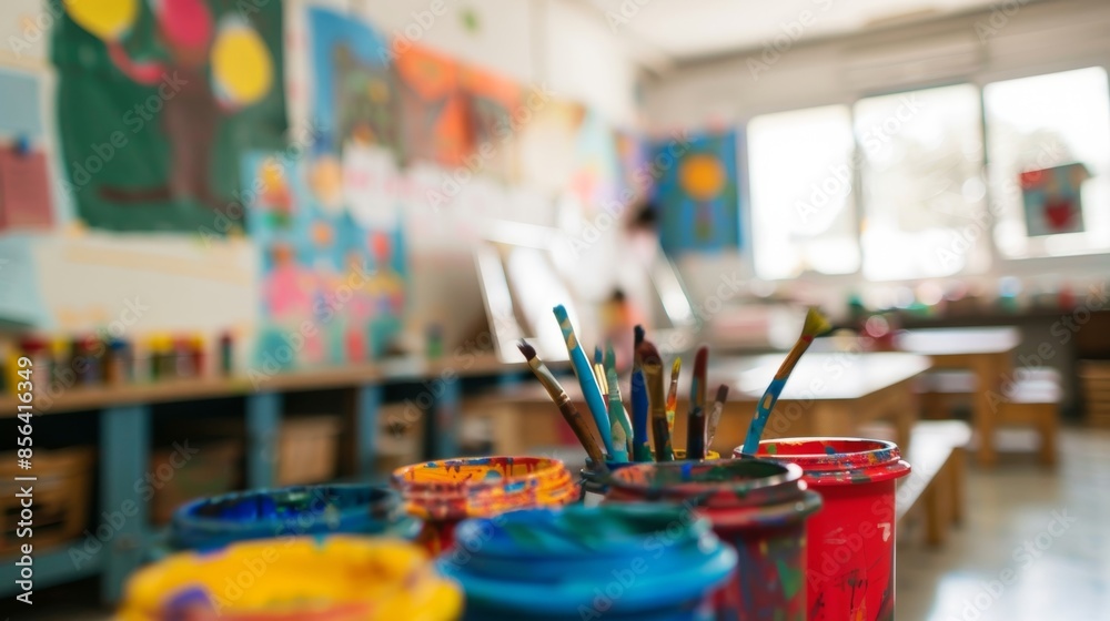 Defocused glimpse of a classroom filled with the smell of paint and the sound of childrens creativity at work. Defocused glimpse of a classroom filled with the smell of paint and the sound of childrens creativity at work.