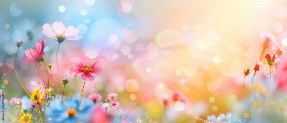 Colorful flower meadow with sunbeams and bokeh lights in summer - nature background banner with copy space - summer greeting card wildflowers spring concept Colorful flower meadow with sunbeams and bokeh lights in summer - nature background banner with copy space - summer greeting card wildflowers spring concept