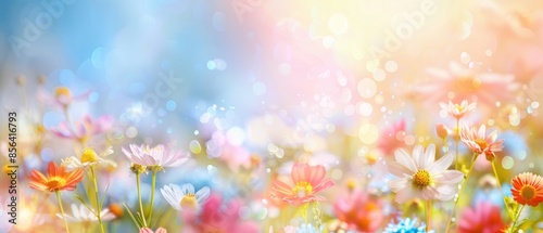 Colorful flower meadow with sunbeams and bokeh lights in summer - nature background banner with copy space - summer greeting card wildflowers spring concept