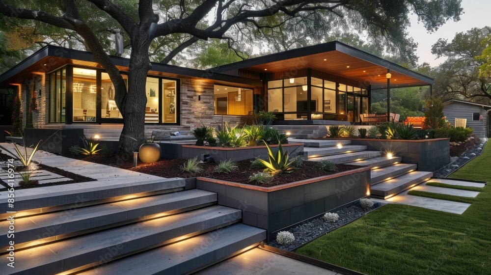 Obraz premium Modern house with beautiful landscape and outdoor lighting