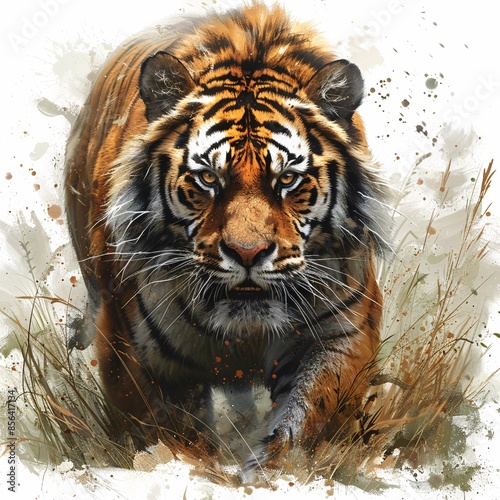 Striking depiction of tiger in its habitat.
