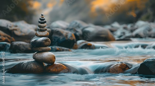 A collection of rocks piled on top of each other, standing tall in the middle of a flowing river 