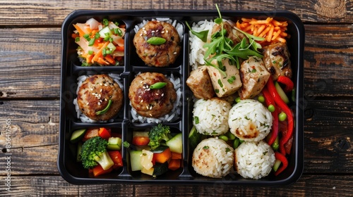 Nutritious lunch box on wooden table with rice balls beef koftas stir fry tofu chicken Low carb healthy meal displayed flat photo