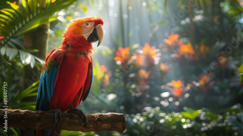 Vibrant Scarlet Macaw Perched in Lush Tropical Rainforest Basking in Sunlight
