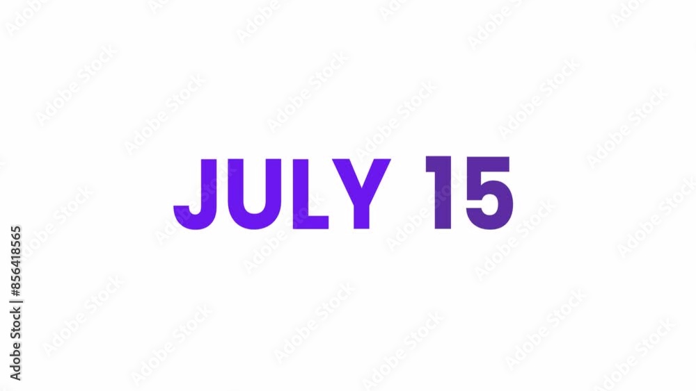 15th July calendar icon animation. Alpha matte with transparent background 4K resolution.