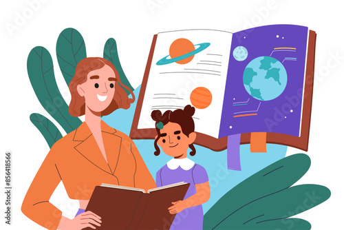 Mother with daughter read about space. Mom and daughter reading book. Astrology and Astronomy. Educational fairy tales for preschoolers. Cartoon flat vector illustration isolated on white background