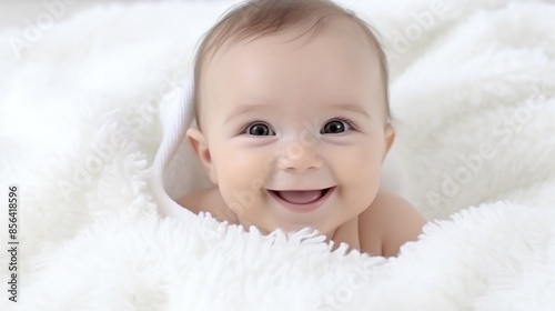 A baby is smiling and laying on a white blanket