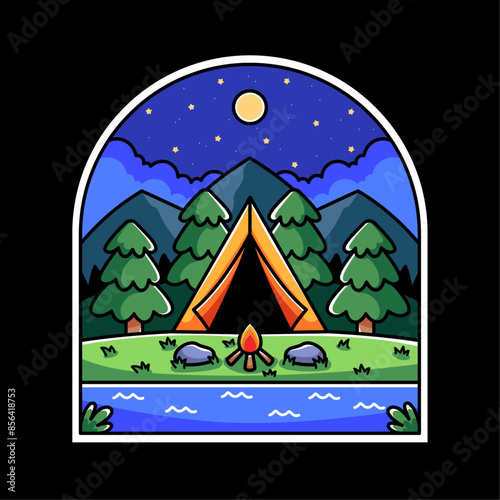 a cartoon illustration of a campsite at night in a window shaped badge