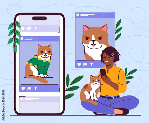 Post on social network. Young girl sitting with cat and take photo for social media. Person with content creation process. Woman posting photo of her kitten. Cartoon flat vector illustration