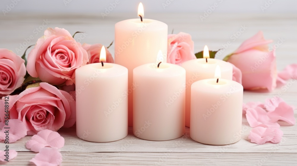 A row of candles are lit on a table with pink roses A row of candles are lit on a table with pink roses