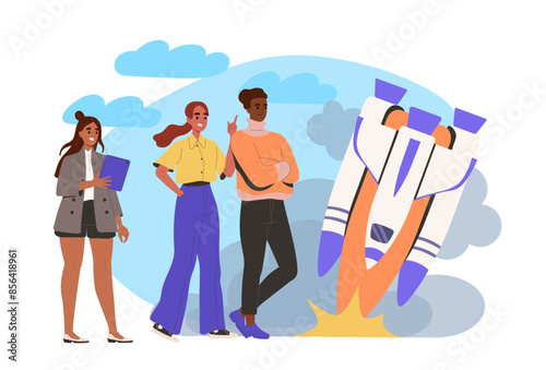 Problems with start up. Man and woman near fallen missile. Failed entrepreneurs with bad idea. Partners with business obstacles. Cartoon flat vector illustration isolated on white background