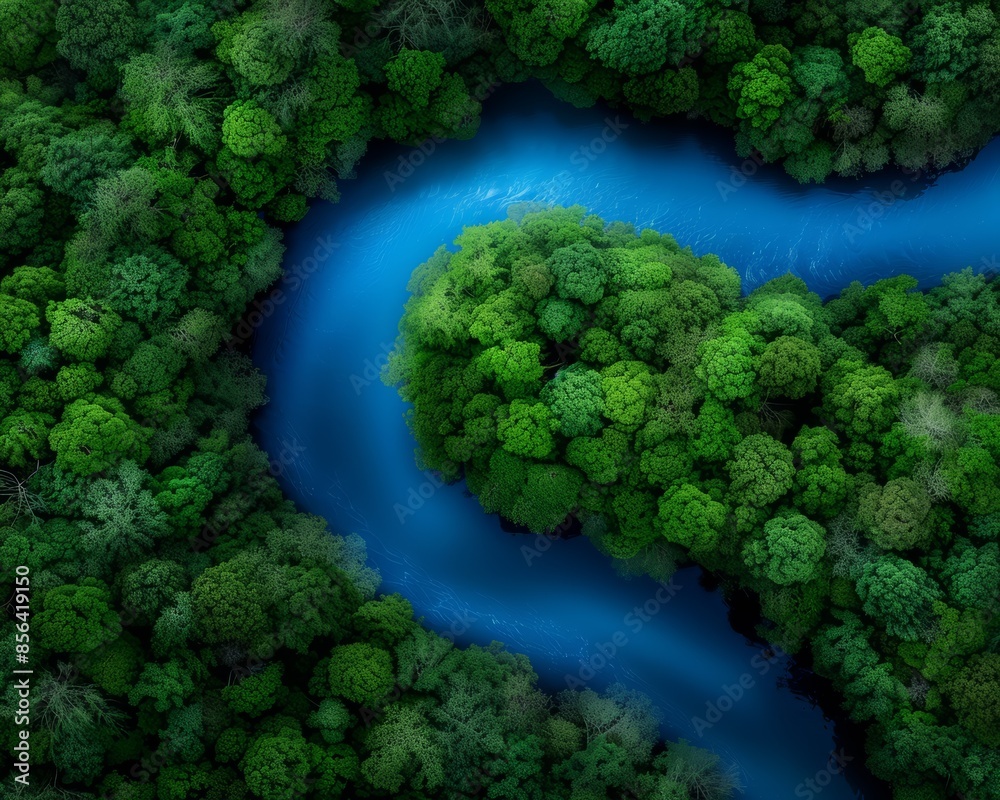 Naklejka premium Aerial view of a winding blue river surrounded by lush green forest, showcasing the beauty and tranquility of nature's landscape.