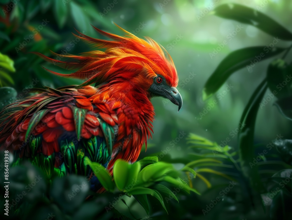 Vibrant red exotic bird perched amidst lush green tropical foliage in a mystical jungle setting, showcasing stunning feather details. Vibrant red exotic bird perched amidst lush green tropical foliage in a mystical jungle setting, showcasing stunning feather details.