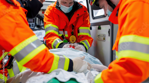 Three emergency medical workers are tending to a patient in an ambulance