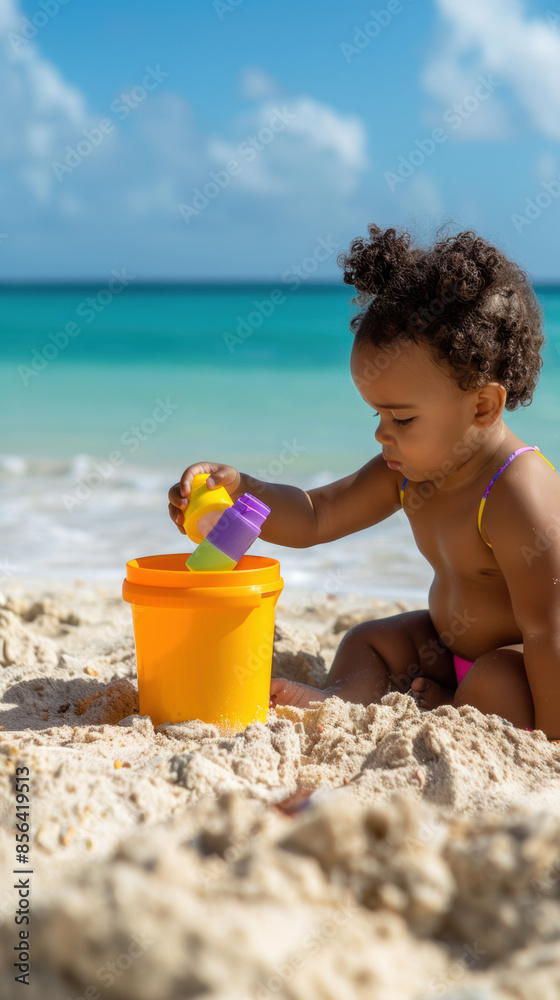 A young child is playing in the sand at the beach A young child is playing in the sand at the beach