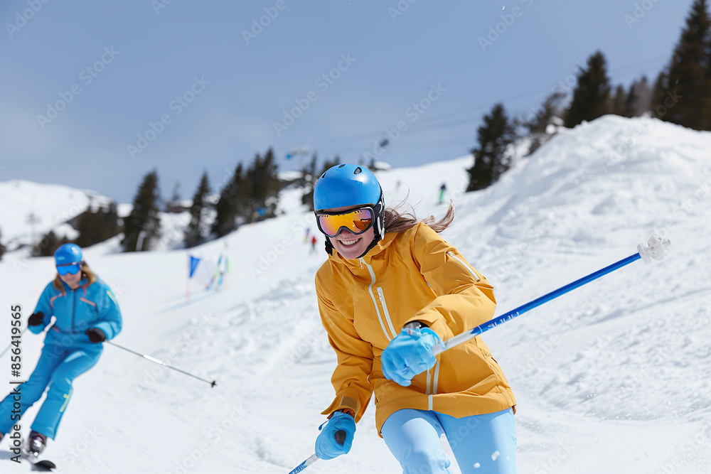 A young woman smiles as she skis down a mountain slope on a sunny winter day. She wears a blue helmet, yellow jacket, and blue pants A young woman smiles as she skis down a mountain slope on a sunny winter day. She wears a blue helmet, yellow jacket, and blue pants