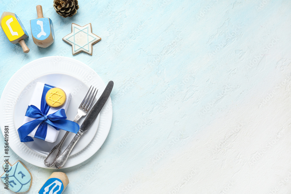 custom made wallpaper toronto digitalFestive table setting with Hanukkah decorations on light blue background