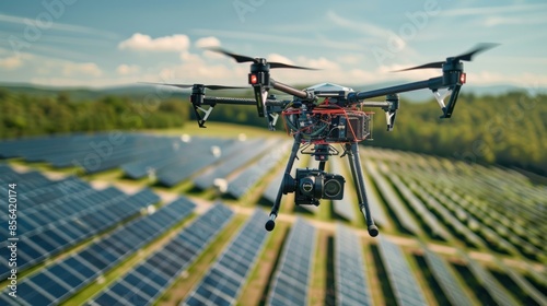 A drone is flying over a field of solar panels. photo