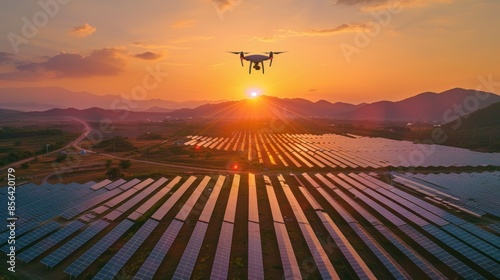 A drone is flying over a field of solar panels. The sun is setting in the background, casting a warm glow over the landscape. Concept of technology and progress, as well as the beauty of nature