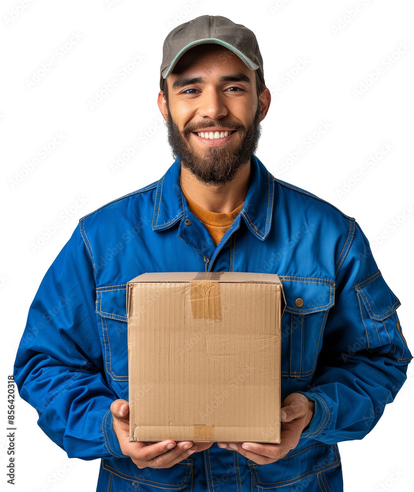 Friendly Courier in Blue Uniform Holding a Package Friendly Courier in Blue Uniform Holding a Package