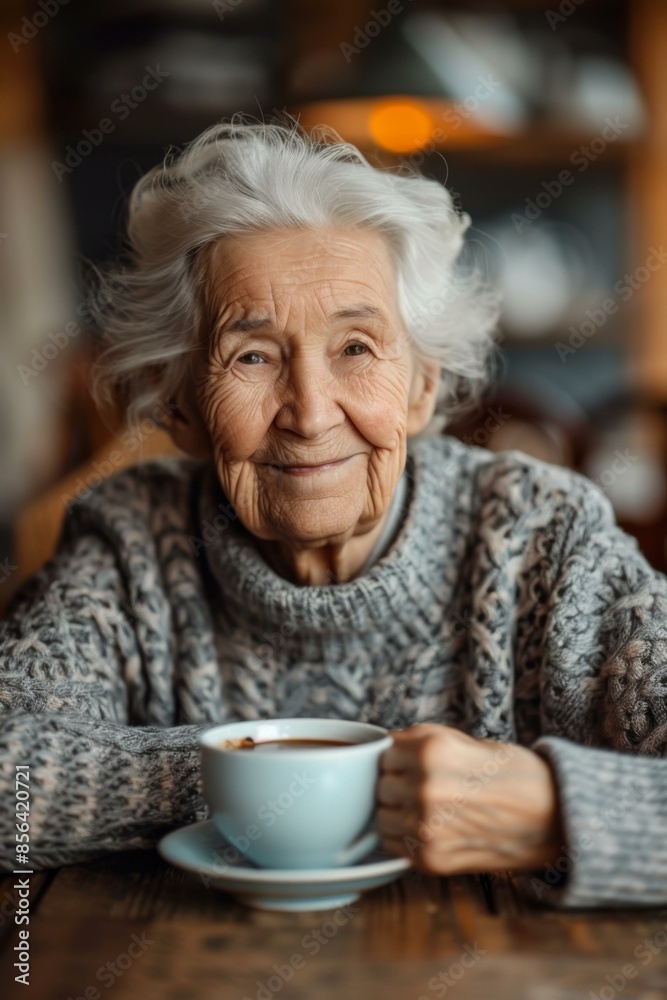 An older woman is smiling while holding a cup of coffee. AI. An older woman is smiling while holding a cup of coffee. AI.