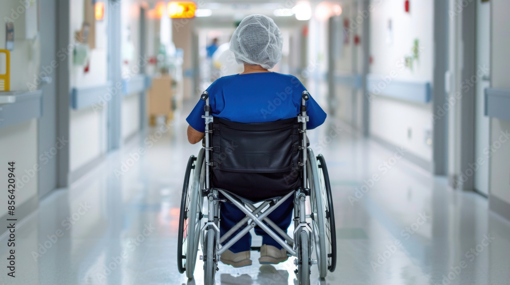 A person in a hospital is in a wheelchair A person in a hospital is in a wheelchair