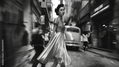 A stylish woman in vintage attire walks through a bustling city street in black and white photo
