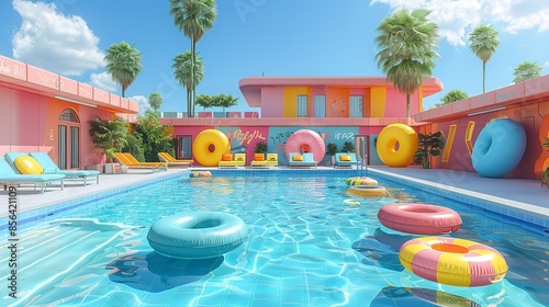 A nostalgic 90s pool party with bright swimwear, colorful floats, and big punchy text on banners. Abstract shapes in the background use a mix of blue, pink, and yellow. Illustration, Minimalism,