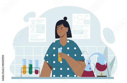 Scientist in lab. Woman with flasks with reagents in laboratory. Chemical studies of substances. Chemist develops medicine. Scientific analysis and research. Cartoon flat vector illustration