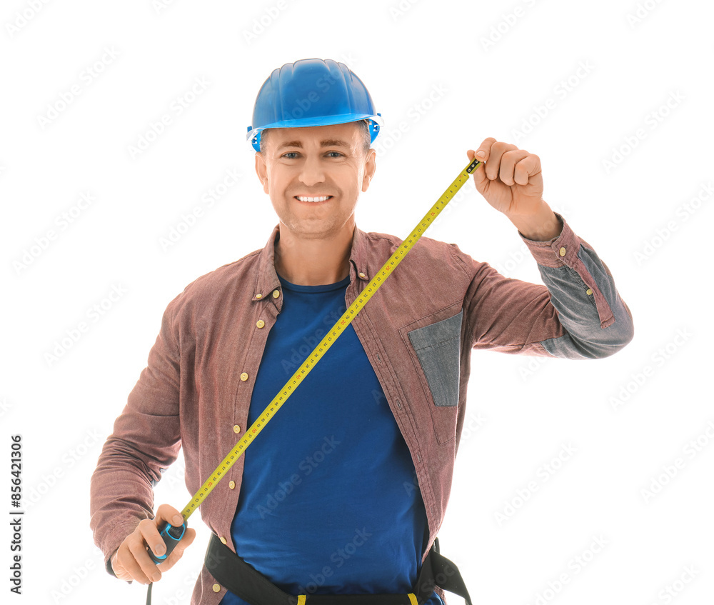 Male construction worker with measuring tape on white background Male construction worker with measuring tape on white background