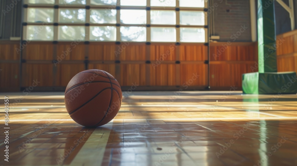 Basketball on Court in Sunlit Gym, Generative AI Basketball on Court in Sunlit Gym, Generative AI