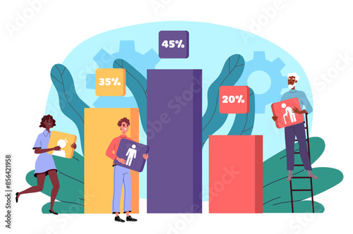 Statistics of people age. Men and women near columns with different demographic groups. Demographics and statistics. Population research. Cartoon flat vector illustration isolated on white background
