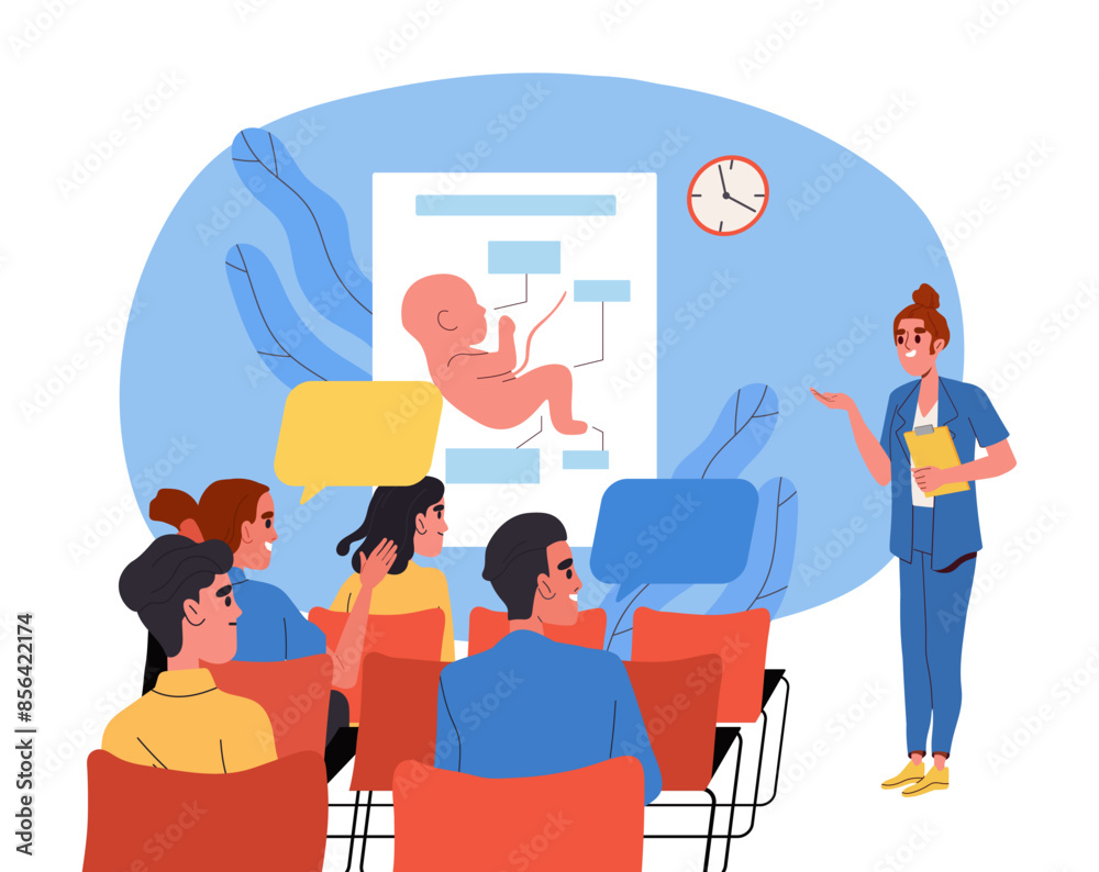 Study of baby development. Men and women sitting in lecture at doctors office. Anatomy and biology of embryo. Motherhood and childbirth. Cartoon flat vector illustration isolated on white background Study of baby development. Men and women sitting in lecture at doctors office. Anatomy and biology of embryo. Motherhood and childbirth. Cartoon flat vector illustration isolated on white background