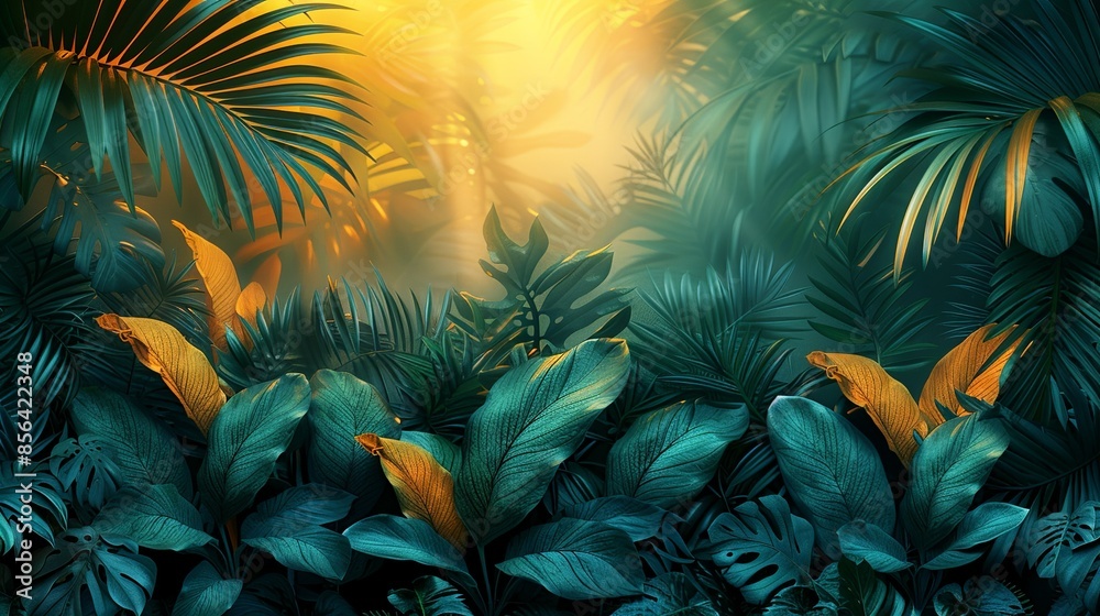 A dynamic composition with grainy gradients in green and yellow, showcasing oversized, stylized leaves and abstract, exaggerated animal figures in the foreground for a jungle-themed background. A dynamic composition with grainy gradients in green and yellow, showcasing oversized, stylized leaves and abstract, exaggerated animal figures in the foreground for a jungle-themed background.